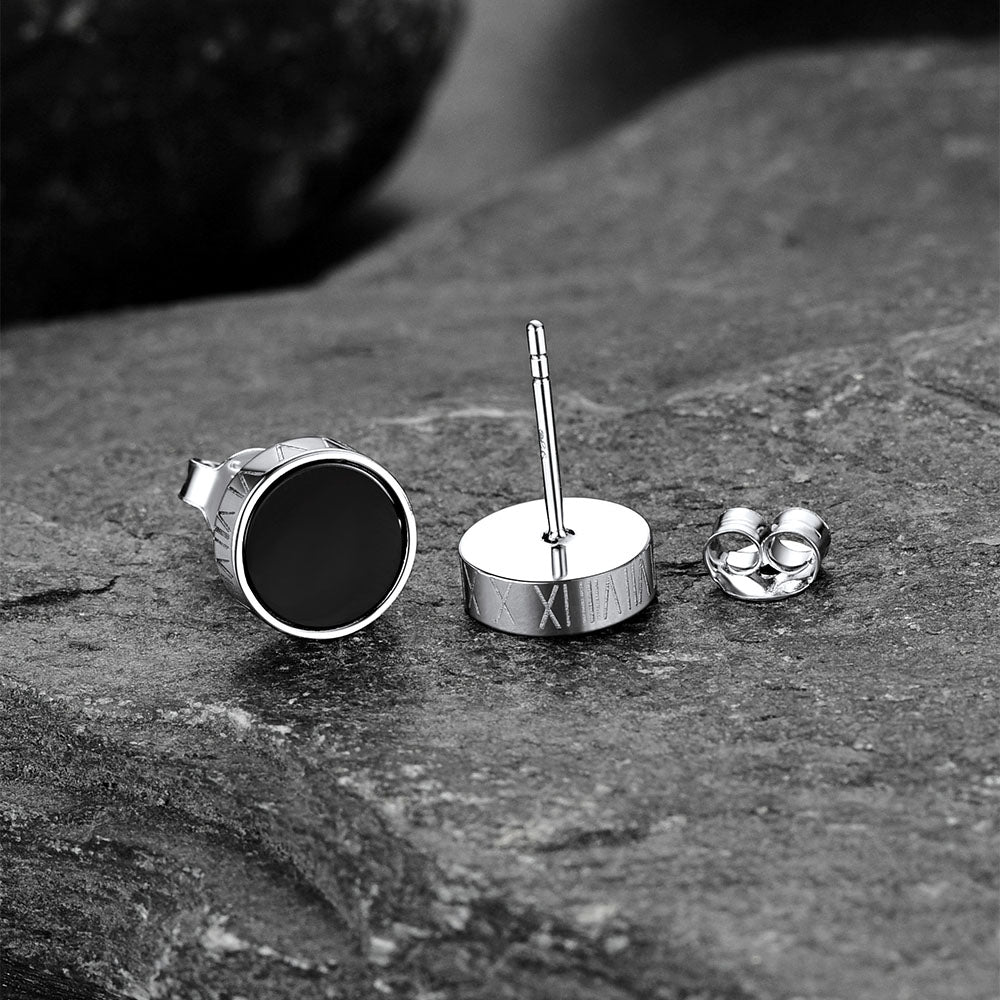 Roman Numerals Black Onyx Stud Earrings in Sterling Silver for