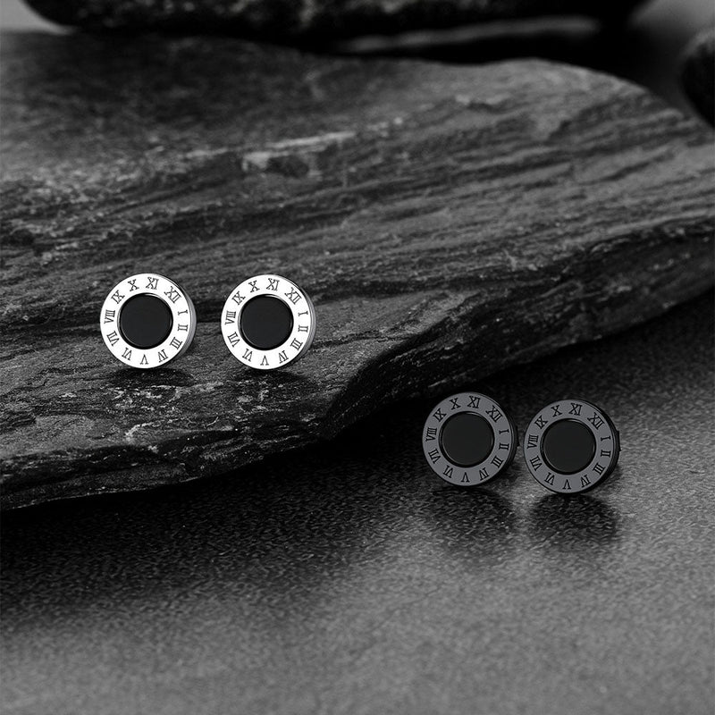 Sterling Silver Roman Numerals Black Onyx Stud Earrings