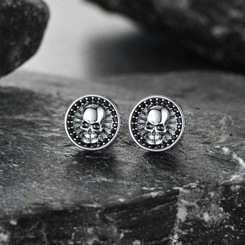 Skull Stud Earrings With Runes in Sterling Silver