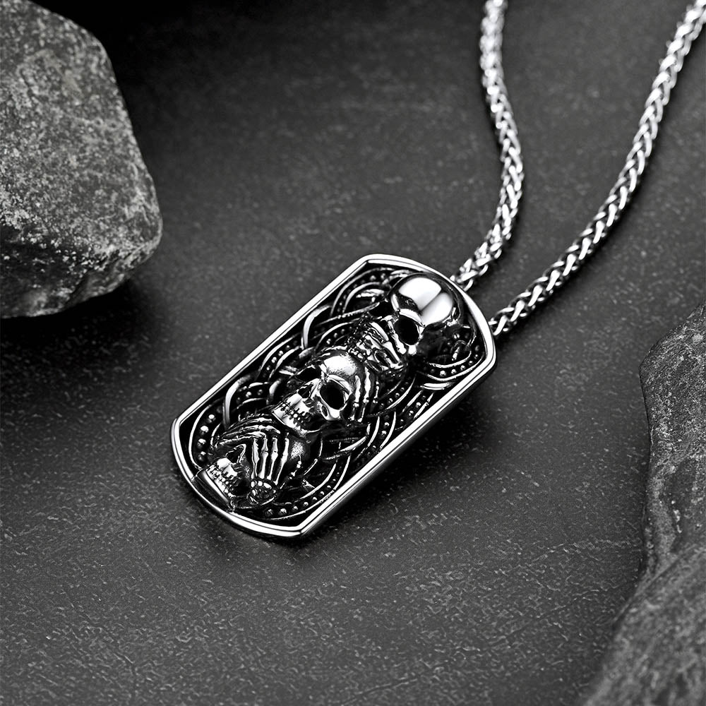 See No Evil, Hear No Evil, Speak No Evil Skulls Dog Tag Necklace for