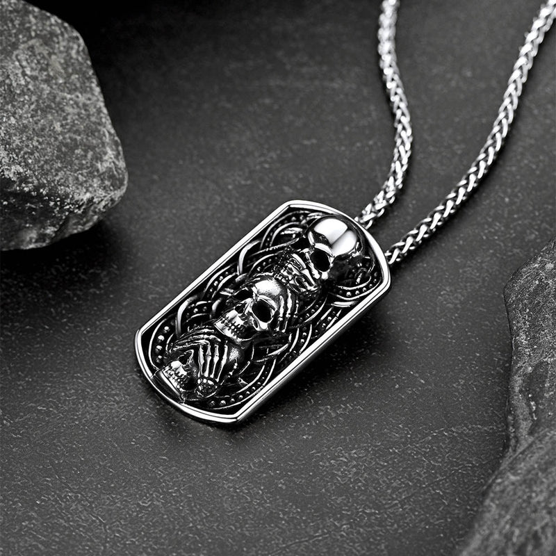 See No Evil, Hear No Evil, Speak No Evil Skulls Dog Tag Necklace for