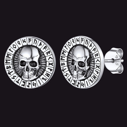 Sterling Silver Runes Skull Earrings Studs for