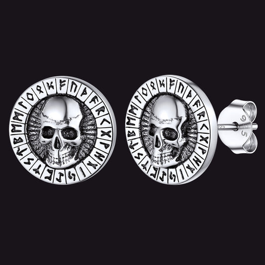 Sterling Silver Runes Skull Earrings Studs for