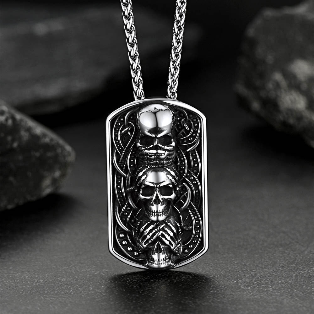 See No Evil, Hear No Evil, Speak No Evil Skulls Dog Tag Necklace for