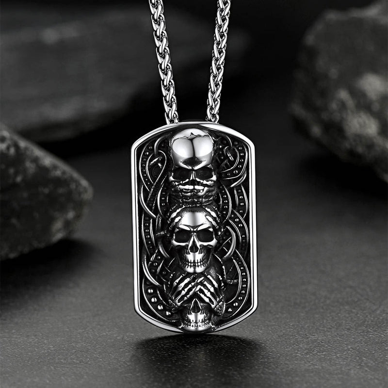 See No Evil, Hear No Evil, Speak No Evil Skulls Dog Tag Necklace for