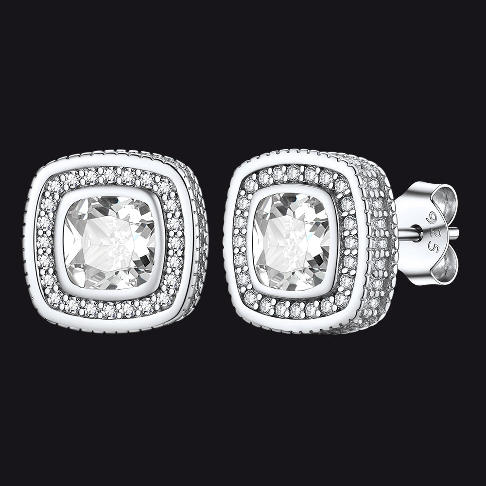 6mm Cushion Cut Diamond Halo Stud Earrings in Sterling Silver