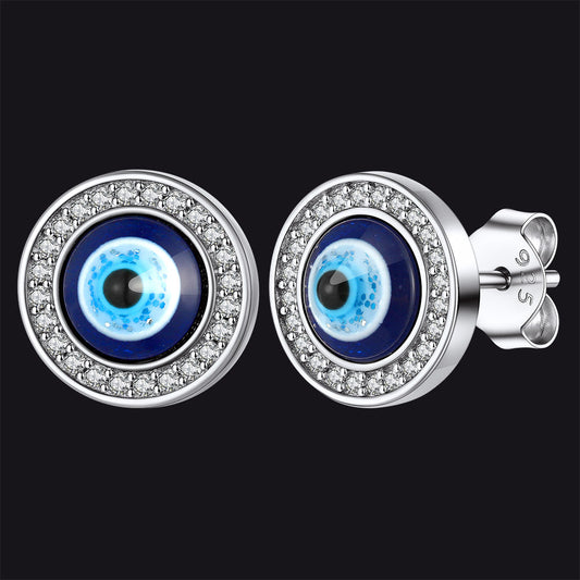 Sterling Silver Halo Evil Eye Stud Earrings