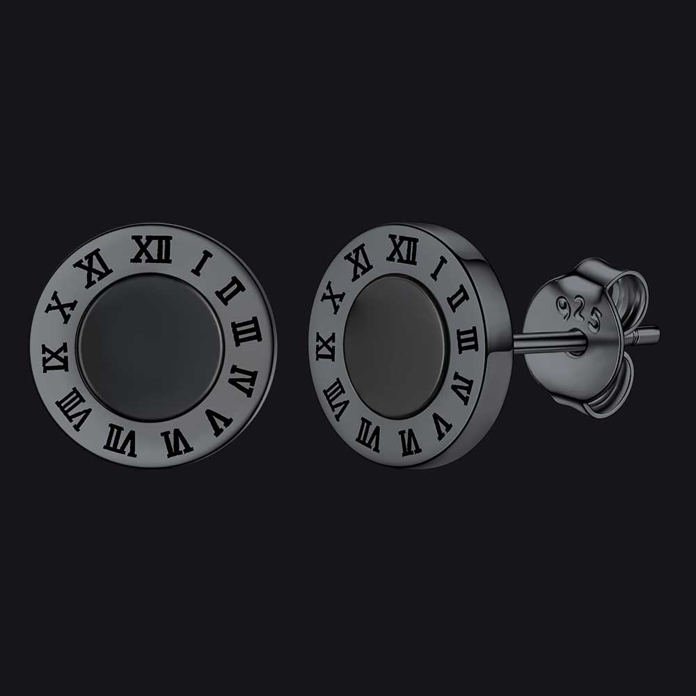 Sterling Silver Roman Numerals Black Onyx Stud Earrings