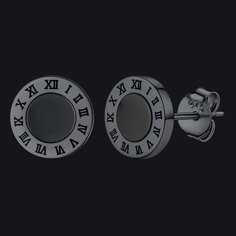 Sterling Silver Roman Numerals Black Onyx Stud Earrings