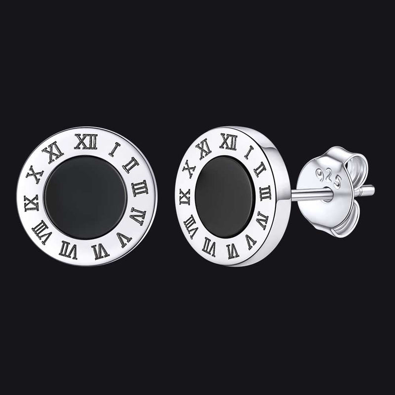 Sterling Silver Roman Numerals Black Onyx Stud Earrings