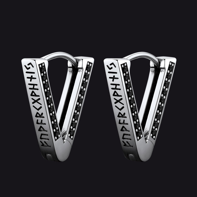 Sterling Silver Viking Triangle Huggie Hoop Earrings With Black Zirconia for