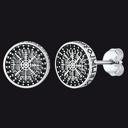Sterling Silver Viking Compass Stud Earrings With Runes