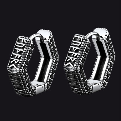 Viking Runes Hexagon Huggie Hoop Earrings for