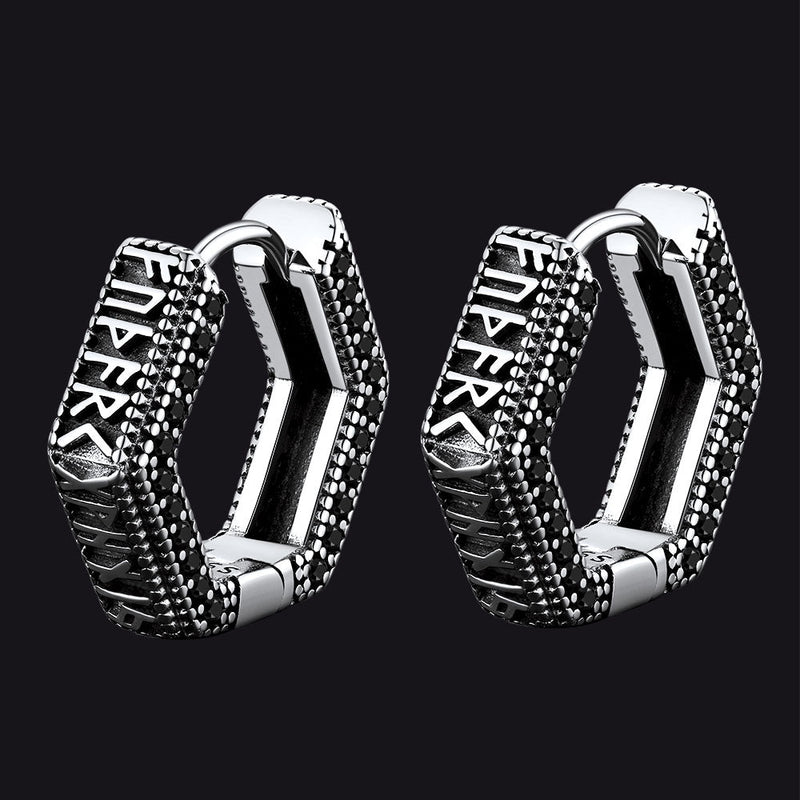 Viking Runes Hexagon Huggie Hoop Earrings for