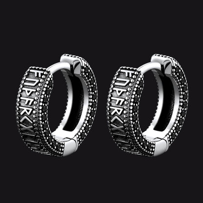 Sterling Silver Viking Runes Hoop Earrings With Black Zirconia for