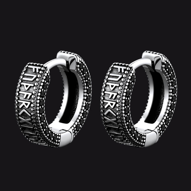 Norse Viking Runes Huggie Hoop Earrings in Sterling Silver