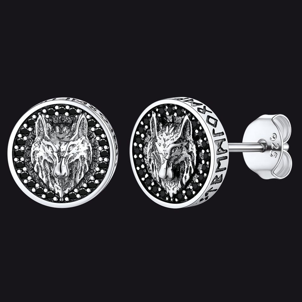 Sterling Silver Viking Wolf Head Stud Earrings for
