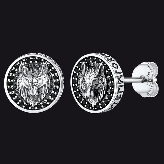 Sterling Silver Viking Wolf Head Stud Earrings for