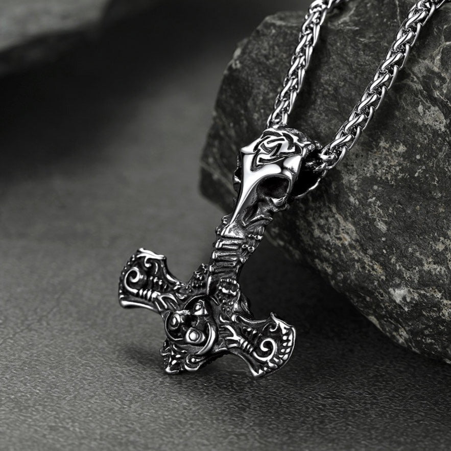 Viking Raven Thor's Hammer Mjolnir Necklace Pendant for