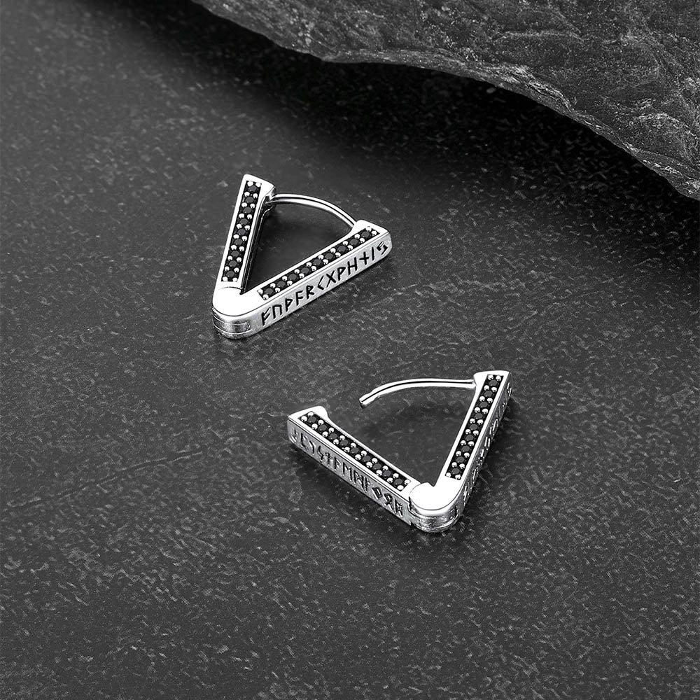 Sterling Silver Viking Triangle Huggie Hoop Earrings With Black Zirconia for