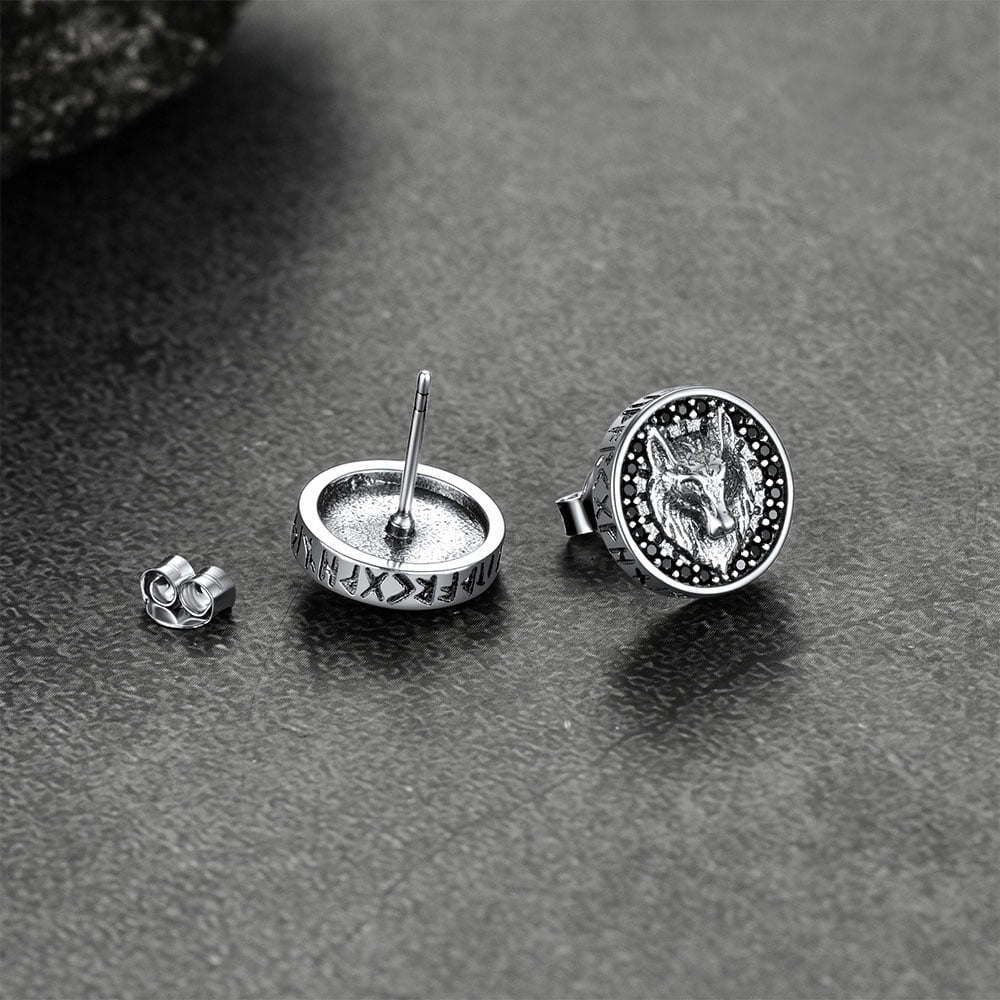 Sterling Silver Viking Wolf Head Stud Earrings for