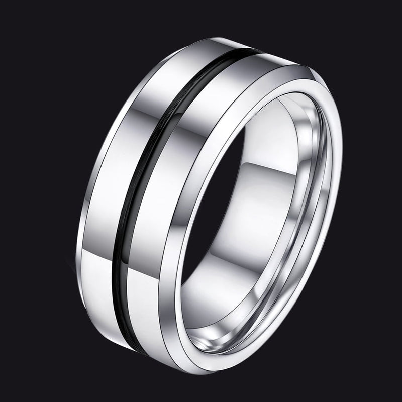 Silver Grooved Tungsten Carbide Wedding Band Ring for 8mm