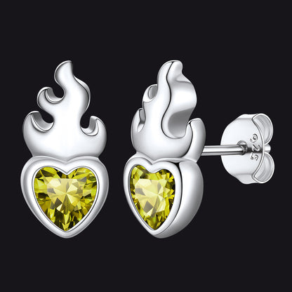 Sterling Silver Sacred Heart Flame Birthstone Earrings