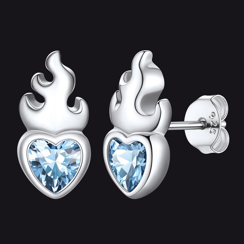 Sterling Silver Sacred Heart Flame Birthstone Earrings