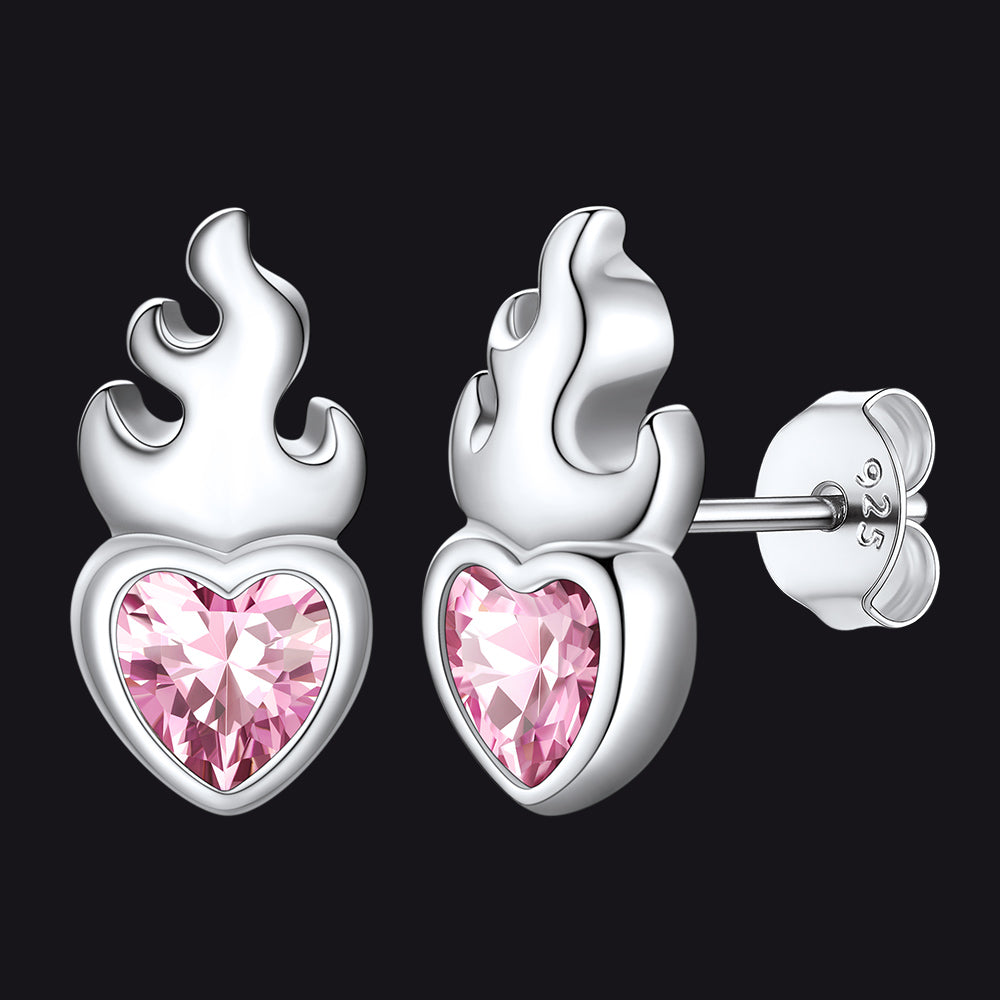 Sterling Silver Sacred Heart Flame Birthstone Earrings
