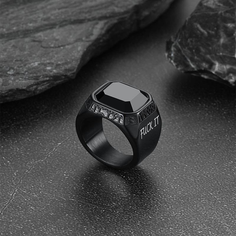 F*ck It Black Onyx Ring With Viking Runes for