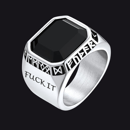 F*ck It Black Onyx Ring With Viking Runes for