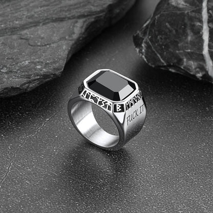 F*ck It Black Onyx Ring With Viking Runes for
