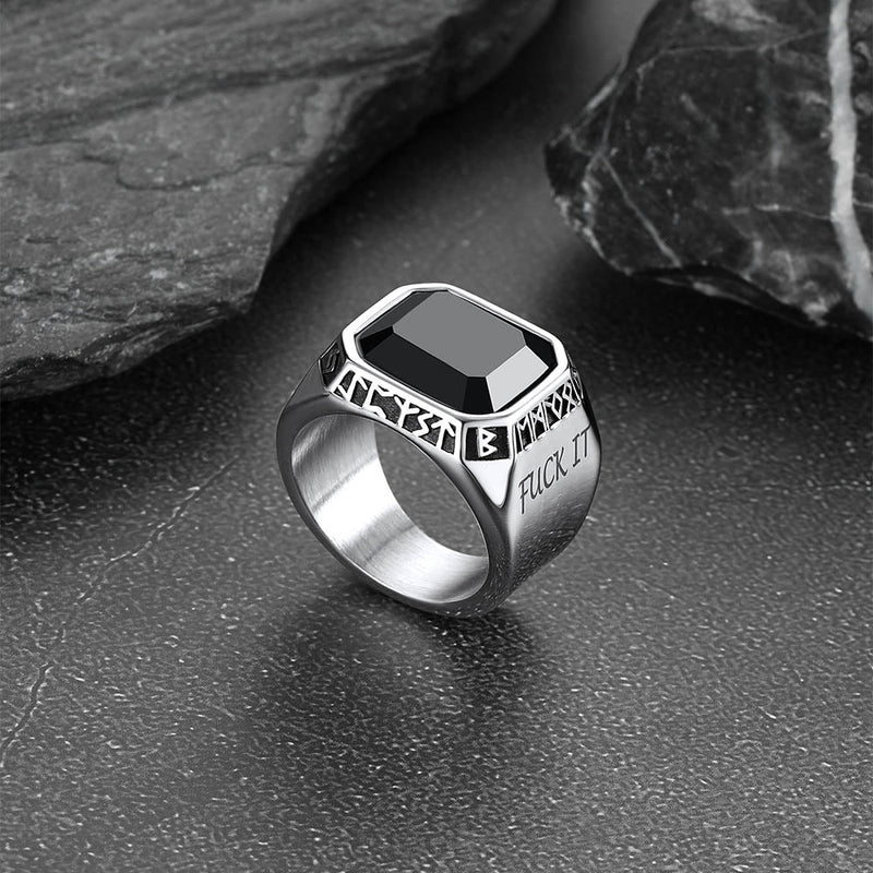 F*ck It Black Onyx Ring With Viking Runes for