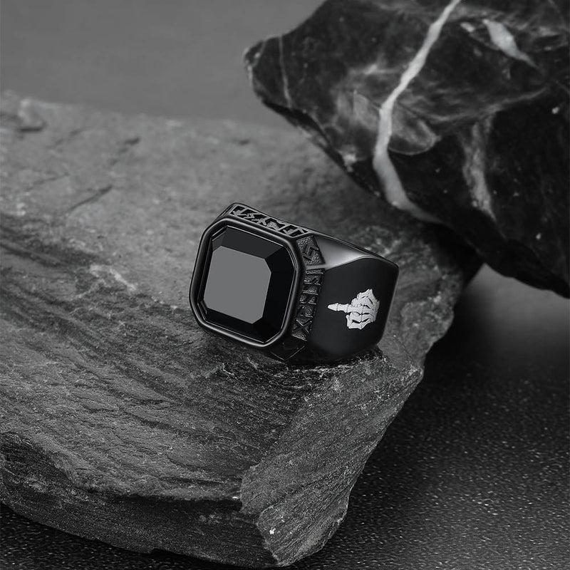F*ck It Black Onyx Ring With Viking Runes for