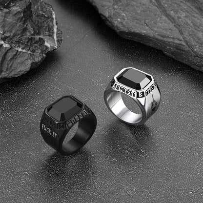F*ck It Black Onyx Ring With Viking Runes for