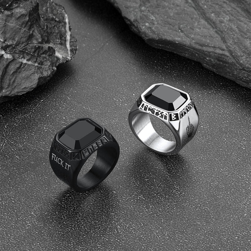 F*ck It Black Onyx Ring With Viking Runes for