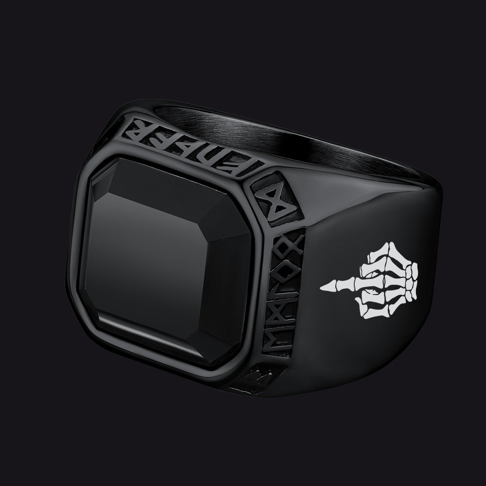 F*ck It Black Onyx Ring With Viking Runes for