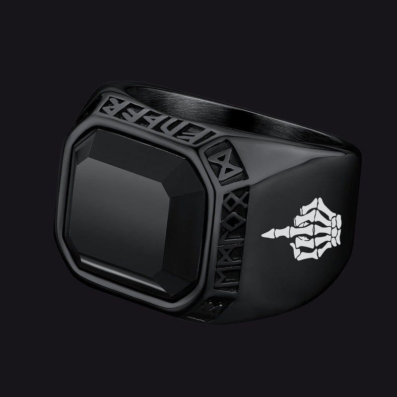 F*ck It Black Onyx Ring With Viking Runes for