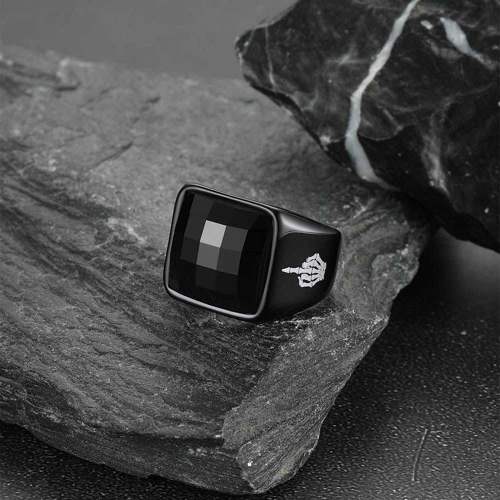 Engraved Black Onyx Signet Ring for Stainless Steel