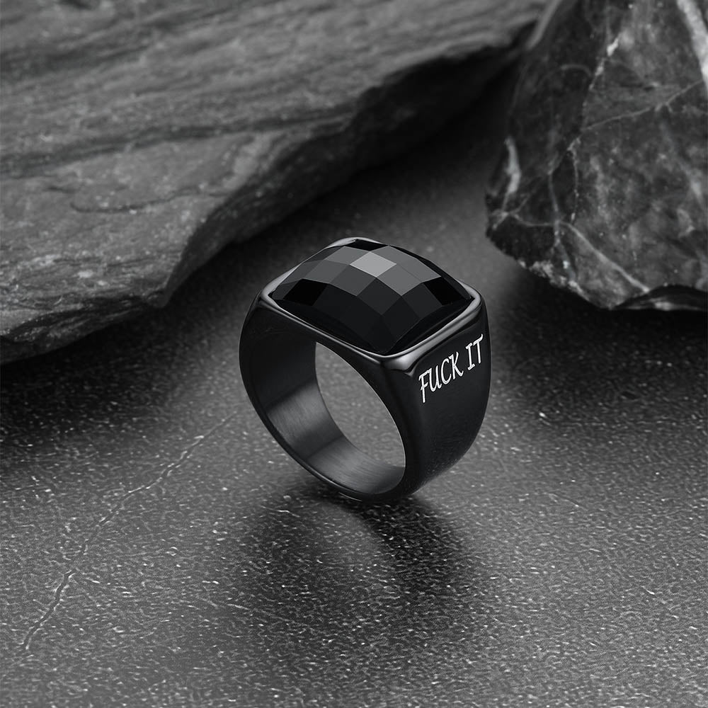 Engraved Black Onyx Signet Ring for Stainless Steel