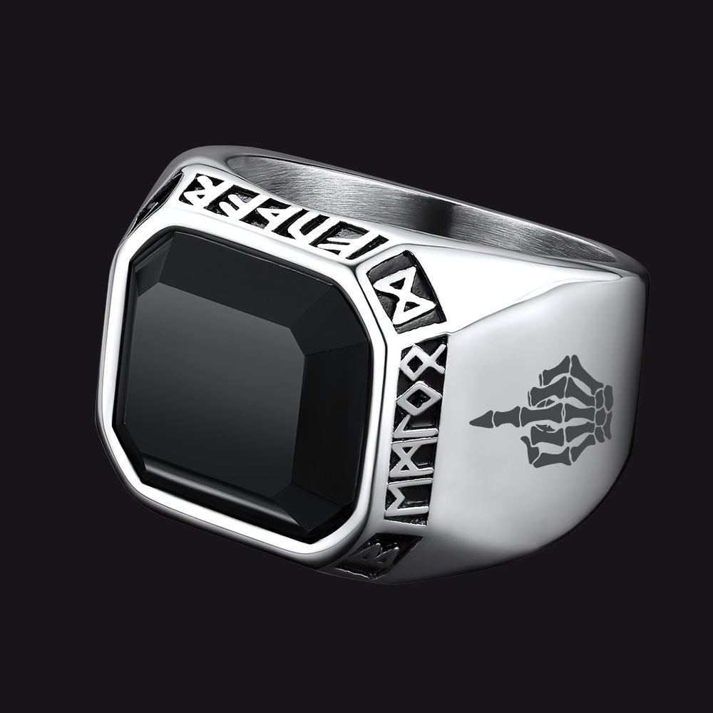 F*ck It Black Onyx Ring With Viking Runes for