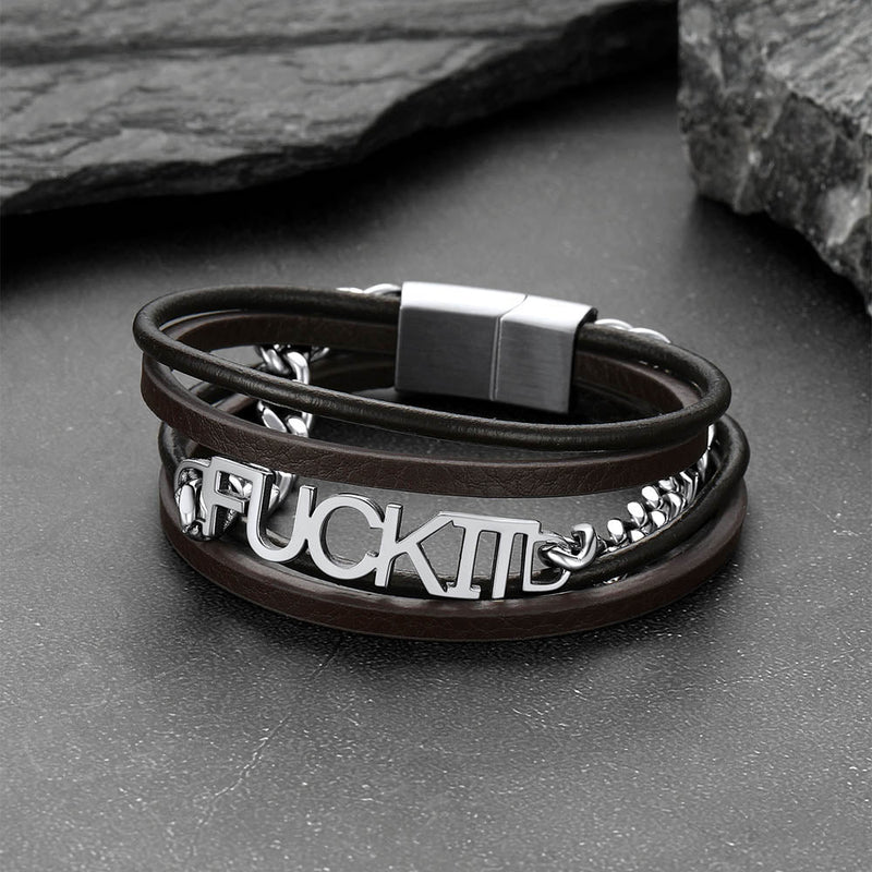 F*ck It Steel Chain Leather Bracelet for