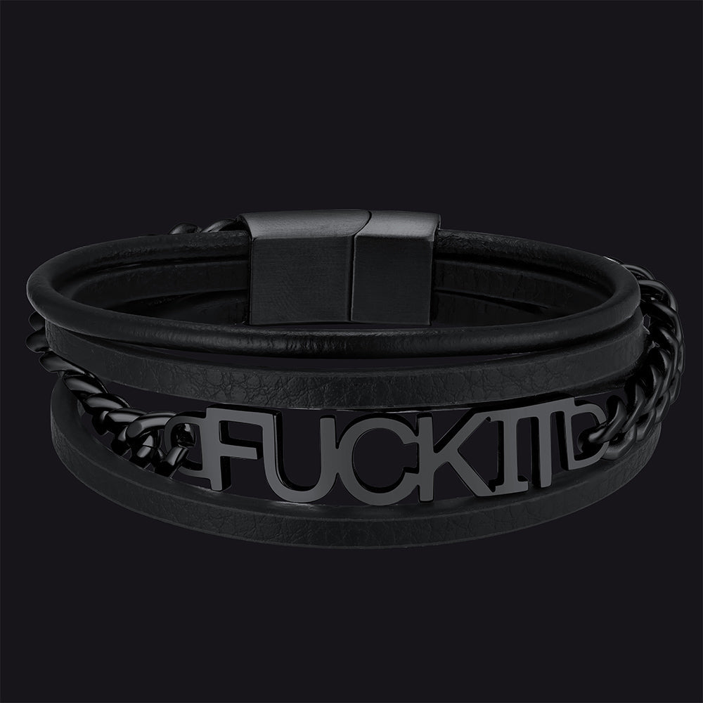 F*ck It Steel Chain Leather Bracelet for