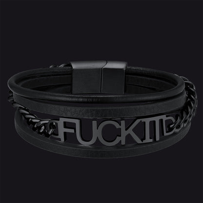 F*ck It Steel Chain Leather Bracelet for
