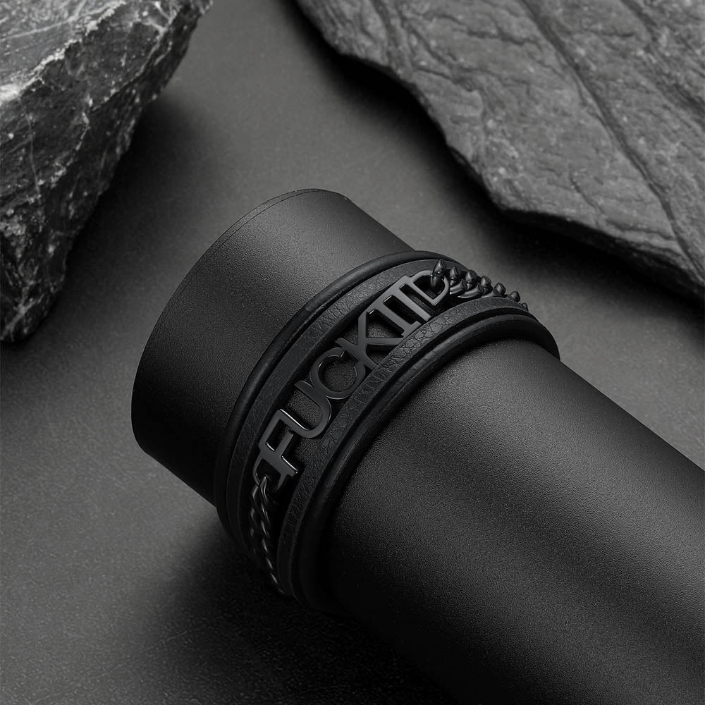F*ck It Steel Chain Leather Bracelet for