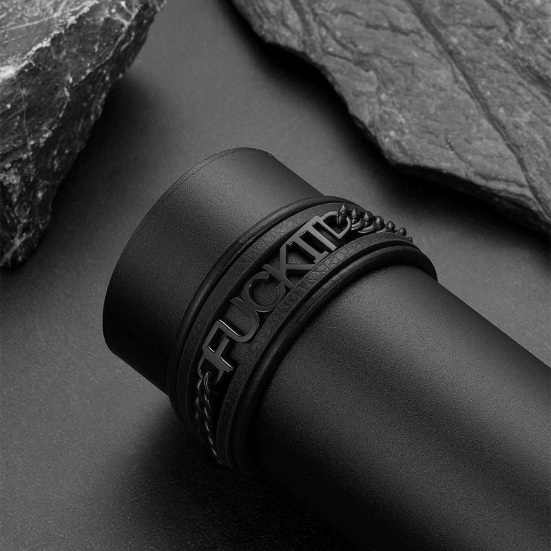 F*ck It Steel Chain Leather Bracelet for