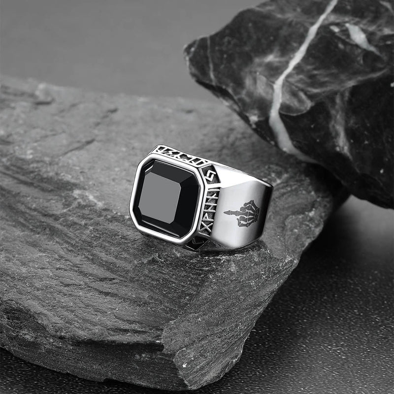 F*ck It Black Onyx Ring With Viking Runes for