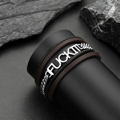 F*ck It Steel Chain Leather Bracelet for