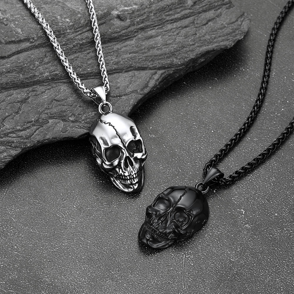 Gothic Skull Necklace With Fissured Skeleton Head for