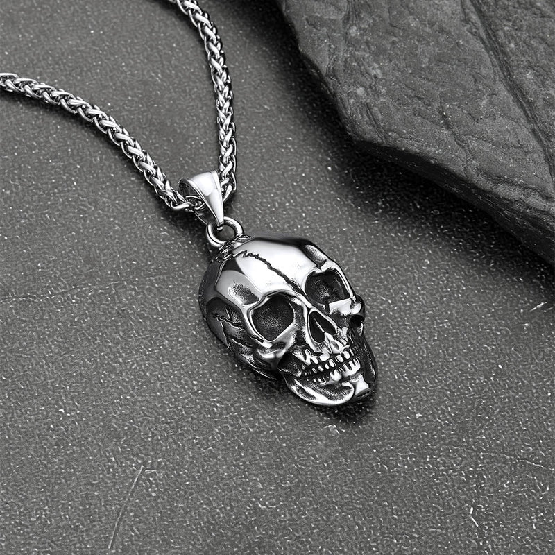 Gothic Skull Necklace With Fissured Skeleton Head for